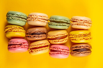 Close-up of macarons cakes of different colors .Culinary and cooking concept. Tasty colorful macaroons.