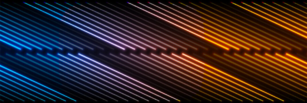 Blue and orange neon glowing laser lines futuristic background. Abstract vector design