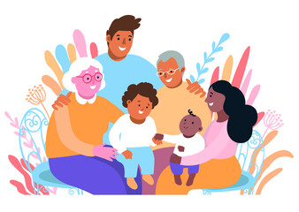 family sitting together in a garden with grandparents, parents and their children smiling and holding children on their lap - flat hand drawn vector illustration