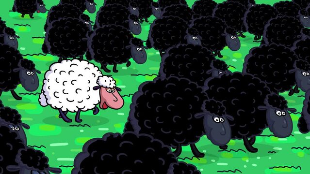 One white sheep among black sheep. Cartoon animation illustrating a difference that may cause hate. Metaphor of a society behaviours. Good and bad. Useful for films, science materials, etc...