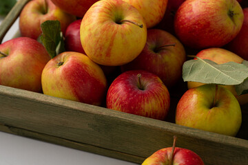 Close up Fresh harvest of apples in a wooden box on light surface food fruits