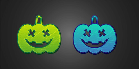 Green and blue Pumpkin icon isolated on black background. Happy Halloween party. Vector