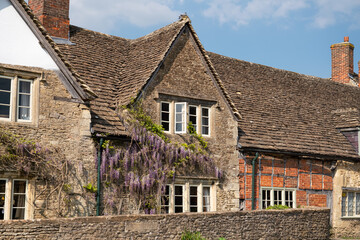 Fototapeta na wymiar wisteria covered 18th Century terraced street property in the quintessential English village of Lacock Wiltshire