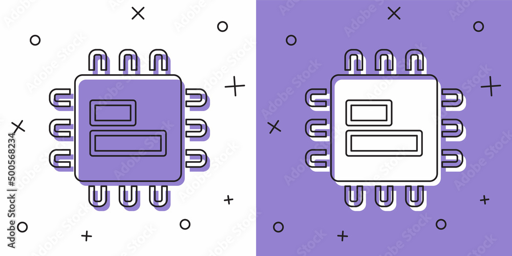 Aufkleber set computer processor with microcircuits cpu icon isolated on white and purple background. chip or 