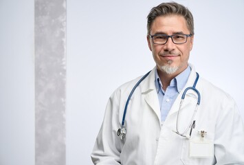 Middle age doctor in lab coat. Friendly physician, general practitioner. Mid adult, mature age man,...