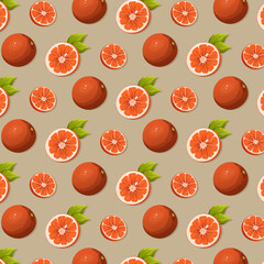 Seamless pattern grapefruit citrus fruit vector illustration. Slices and whole with leaves. Vitamin summer healthy food on a beige background for packaging, wrapping paper, textile, gift
