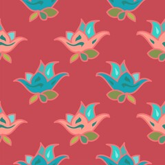 Fototapeta na wymiar Pink and blue lily style flowers in a cute art style vector seamless repeat pattern on a rustic red background