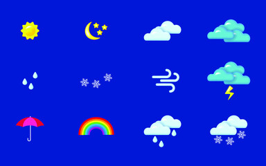 Obraz premium Weather icons set. Sun, crescent, clouds, rain, thunderstorm, wind, snowfall, umbrella, rainbow. Realistic 3d objects 