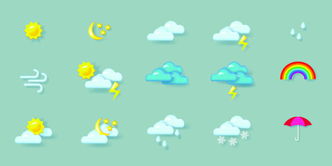 Obraz premium Weather icons set. Sun, crescent, clouds, rain, thunderstorm, wind, snowfall, umbrella, rainbow. Realistic 3d objects with shadows