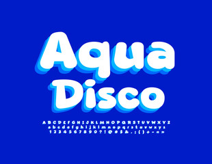 Vector event poster Aqua Disco with modern playful Font. Trendy Blue Alphabet Letters, Numbers and Symbols set