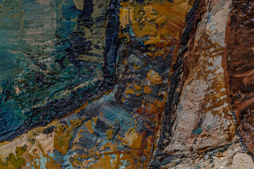 Abstract background closeup of a painting with brushstrokes. Rough art paint smear. Large multicolor spots of brush strokes and palette knife on the canvas