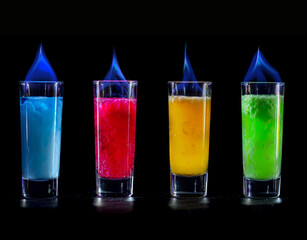 Cocktails Party Shots and Shooters on bar counter in a restaurant, pub. Miniature mixed drinks. Alcoholic cooler beverage at nightclub on dark background