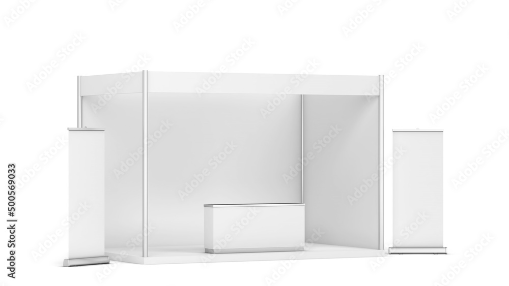 Sticker blank tradeshow booth with counter and rollup banner