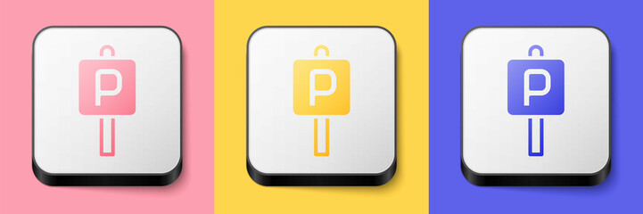 Isometric Parking icon isolated on pink, yellow and blue background. Street road sign. Square button. Vector