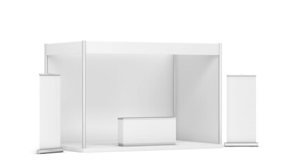 Blank tradeshow booth with counter and rollup banner