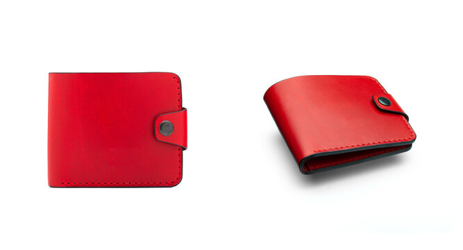 Set of Stylish leather red men wallet isolated on white background. 