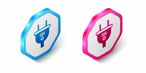 Isometric Electric plug icon isolated on white background. Concept of connection and disconnection of the electricity. Hexagon button. Vector