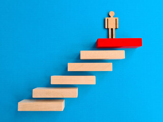 Businessman stood at top rung of ladder at pinnacle of success.
