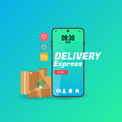 Online delivery express with smartphone concept, online order tracking, delivery home and office. Warehouse, truck