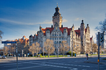 Obraz premium Blick vom Martin Luther Ring auf Neues Rathaus Leipzig, Sachsen, Deutschland