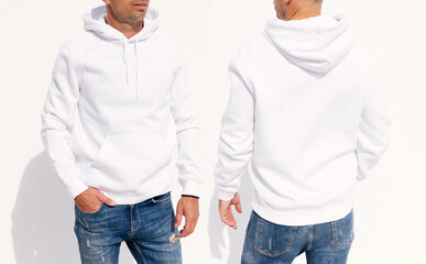 Model wearing white men's hoodie, mockup for your own design