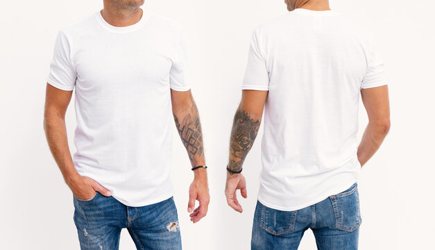 Model wearing white men's t-shirt, mockup for your own design