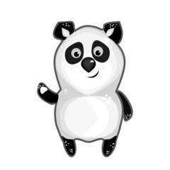 Panda isolated on white background. Lovely cartoon panda bear character sticker. Happy cute panda waving hand. Friendly little animal mascot standing. Chinese bear icon. Stock vector illustration