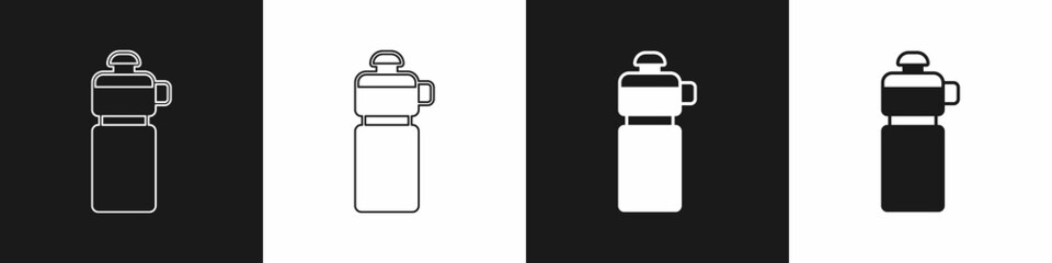 Set Fitness shaker icon isolated on black and white background. Sports shaker bottle with lid for water and protein cocktails. Vector
