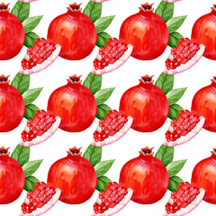 Watercolor pattern with fresh pomegranates and leaves. Food and drinks.