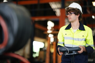 engineer checking control panel and teaching new Automatics robot arm and operating control machine in factory.