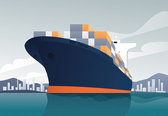 Vector illustration of a loaded container cargo ship leaving the harbor - obrazy, fototapety, plakaty