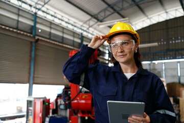 Professional young industrial factory woman employee working with machine parts putting, checking and testing industrial robot arms in large Electric electronics manufacturing plant factory.