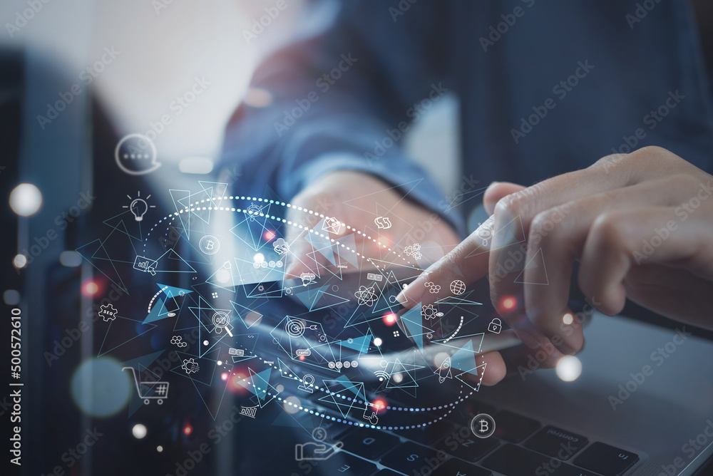 Poster iot internet of things, global business, digital marketing concept. woman using laptop computer and 