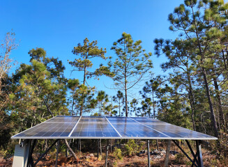 Solar panels and blue sky. Solar panels system power generators from sun. Clean technology for...