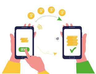 Money transfer. Online payment. Send and receive money wireless with their phone. Phone with banking payment app. Capital flow, earning. Financial savings or economy. Money online on mobile phone