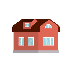Brick house with an attic. A simple image of a house with an extension on the roof. Isolated cartoon vector on white background.