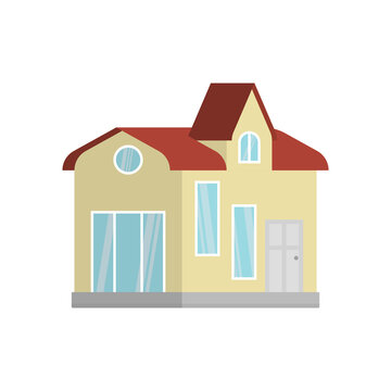 House with attic. Unusual architectural design. A simple image of a house with an extension on the roof. Isolated cartoon vector on white background.