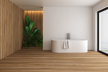 Fototapeta na wymiar Interior of loft Scandinavian style bathroom with white and wood walls, wooden floor, white bathtub standing near window . 3d rendering