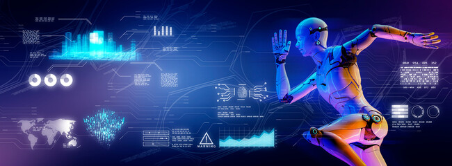 Smart city digital world metaverse, 3D AI artificial intelligence robot engineer digital technology security power energy sustainable environment technology futuristic interface, 3D city interface
