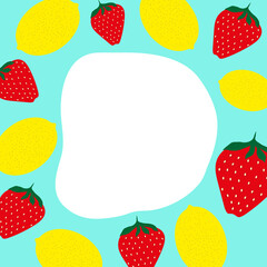 Bright summer turquoise frame, background with lemons and strawberries with space for text