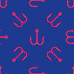 Red Fishing hook icon isolated seamless pattern on blue background. Fishing tackle. Vector