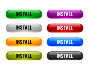  install button. sign. key. push button set sticker icons .  in multicolors blue , red , yellow ,purple green in white background

