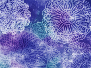 Digital watercolor painting with round lace on an ultramarine background