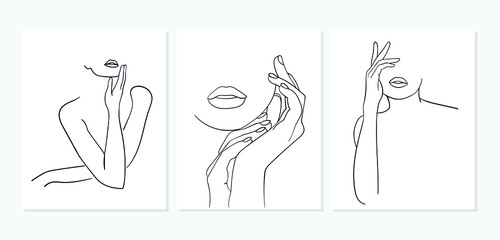 Set of Minimal line art woman with hand on face. Black Lines Drawing. - Vector illustration - obrazy, fototapety, plakaty