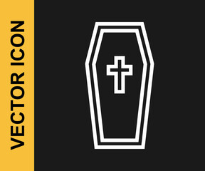 Obraz premium White line Coffin with christian cross icon isolated on black background. Happy Halloween party. Vector