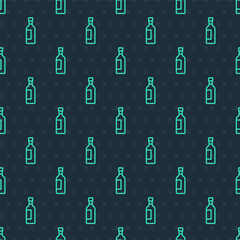 Green line Bottle of wine icon isolated seamless pattern on blue background. Vector