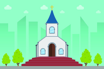 Christian religious place church flat graphics with city buildings. 