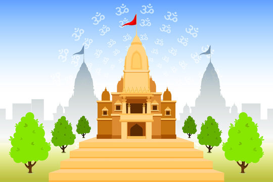 Traditional Hindu Temple with red flag isolated. North Indian style Hindu temple.