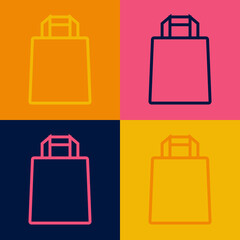 Pop art line Paper shopping bag icon isolated on color background. Package sign. Vector