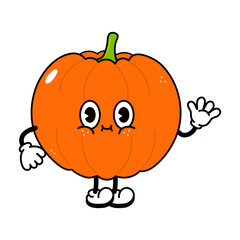 Obraz premium Cute funny pumpkin waving hand character. Vector hand drawn traditional cartoon vintage, retro, kawaii character illustration icon. Isolated on white background. Pumpkin character concept